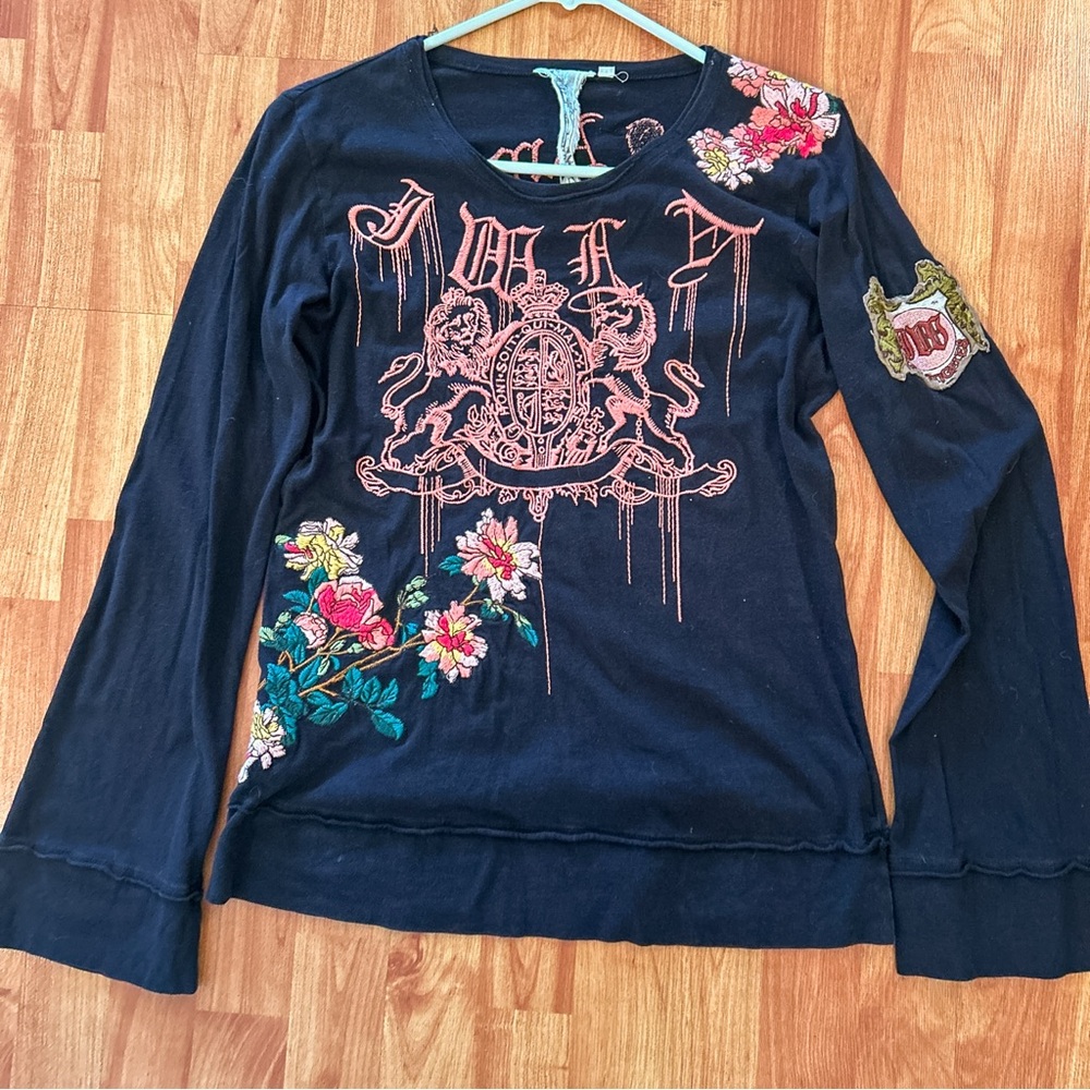 Johnny Was LA Black Long Sleeve Embroidered Shirt Top Floral Logo Amour Heart M